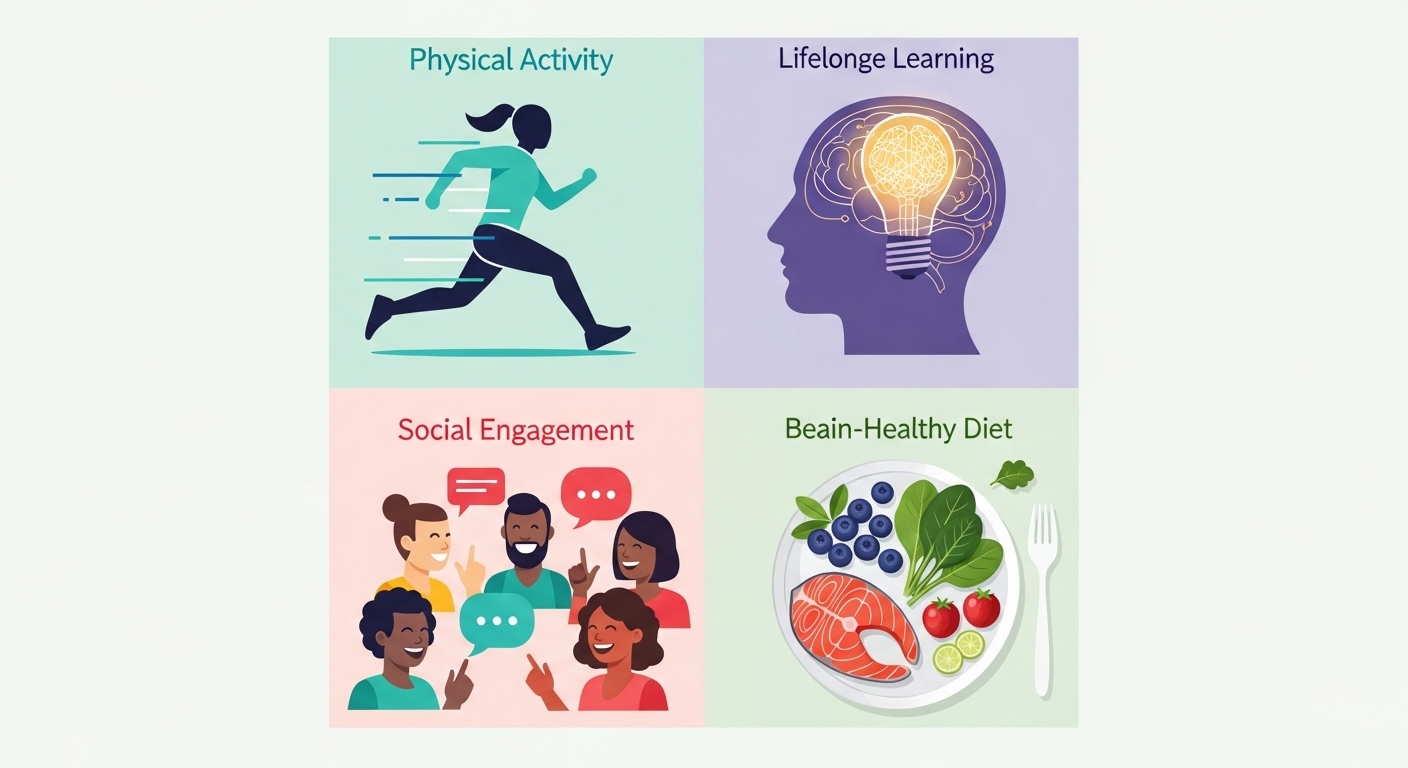 치매 예방 4가지 비결(운동, 학습, 교류, 식단)을 보여주는 인포그래픽