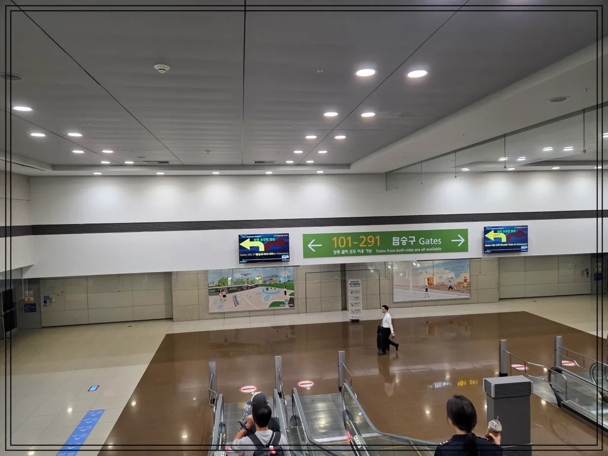 인천공항-국제선-탑승구-이동통로-에스컬레이터-내려가는-승객들-101번부터-291번까지-탑승구-안내표지판-왼쪽과-오른쪽으로-분리됨-천장에-LED등-밝게-켜짐-전광판에-탑승구-방향과-셔틀트레인-안내-표시됨-벽면에-공항일러스트-벽화-부착됨
