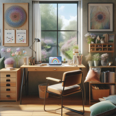 따뜻한 분위기의 책상과 창 밖의 자연을 보여주는 공간