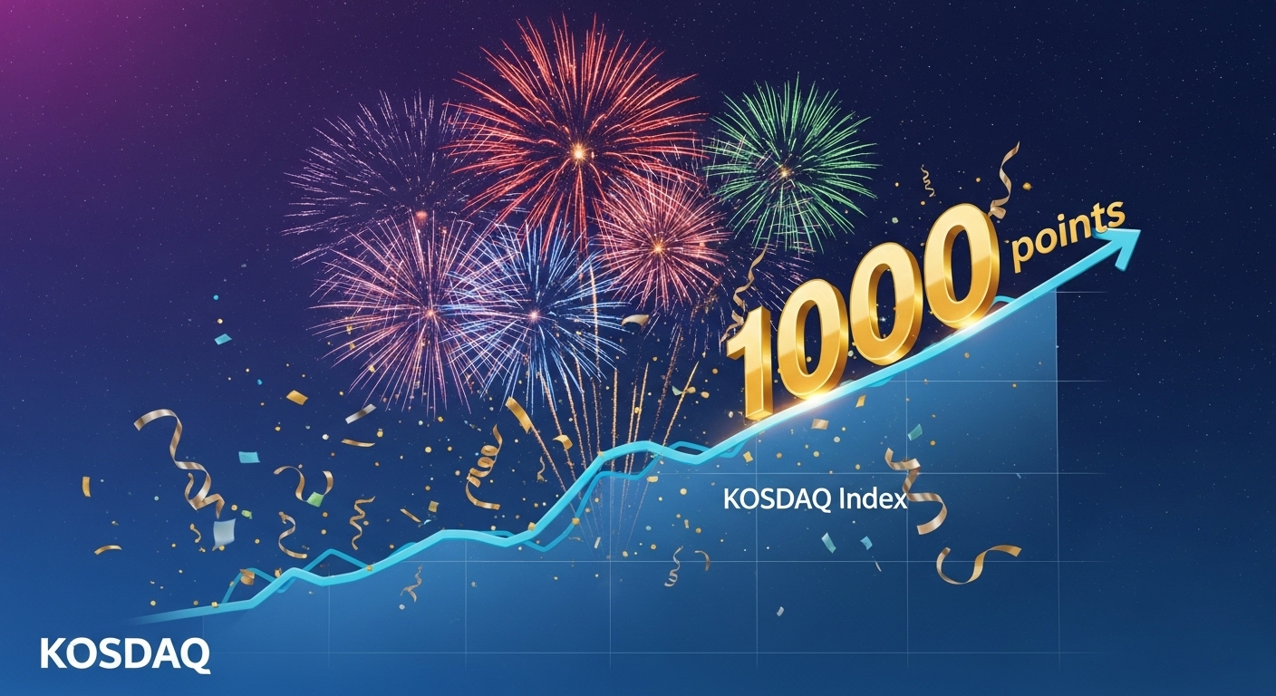 Festive graphic of KOSDAQ index chart breaking through 1000 points with fireworks going off.