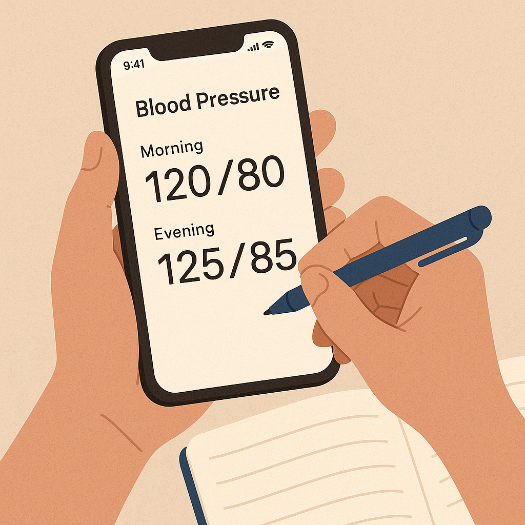 혈압을 재고 기록하는 모습을 표현한 일러스트