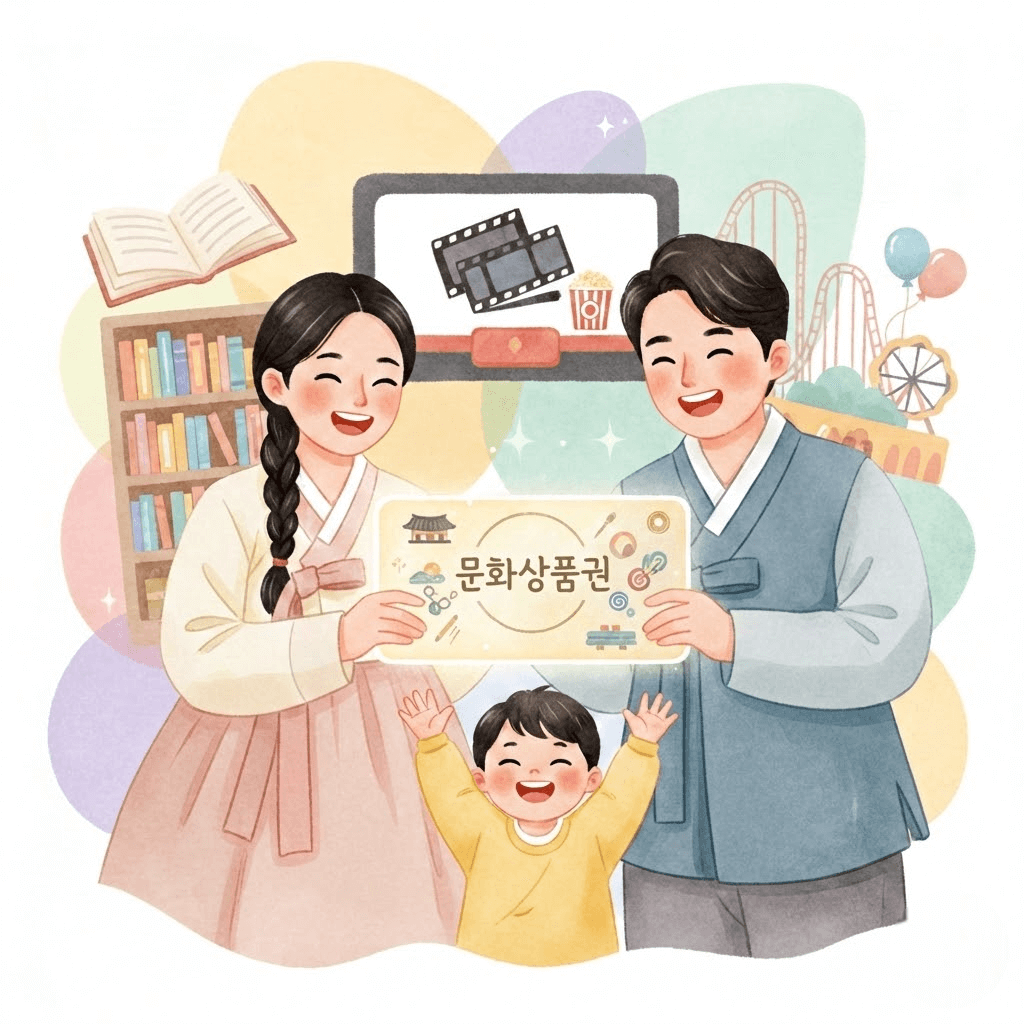 2026 문화누리카드를 들고 행복해하는 가족의 모습, 아이와 함께하는 문화생활