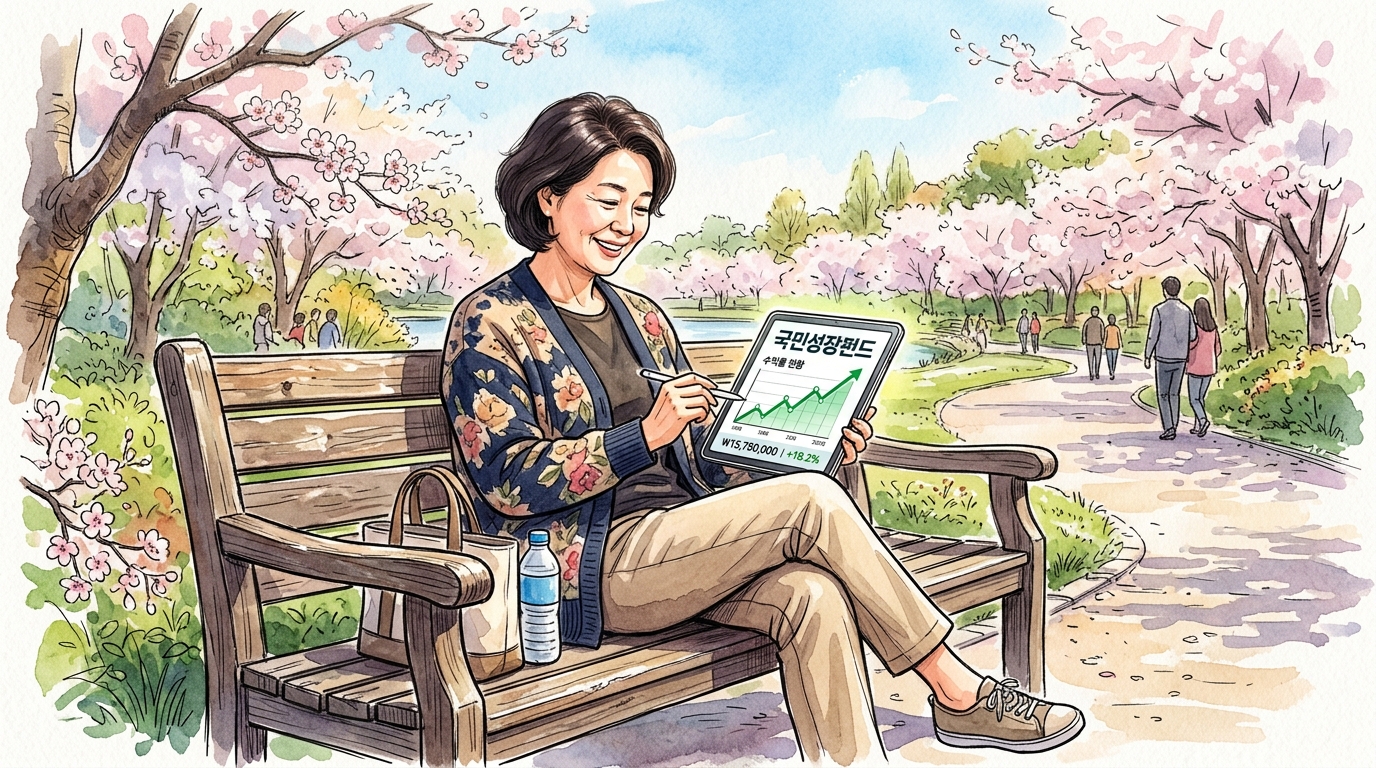 5월에 출시 될 국민참여형 국민성장펀드 가입 방법과 원손실 방어하는 후순위 투자 수익 구조를 태블릿pc로 살펴보고 있는 중년의 여성 모습.