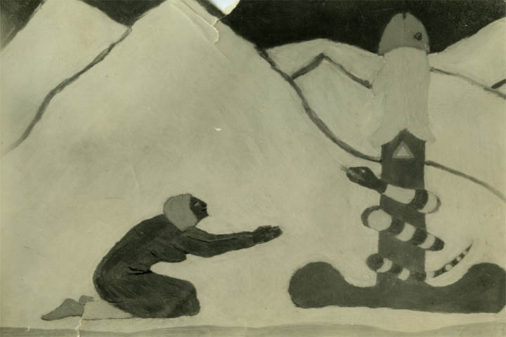 닻을 거꾸로 뒤집어 놓은 것과 같이 생긴 것에 뱀에 감겨 있고 한 여성이 손을 엎드려 손을 모야 내밀고 있습니다.