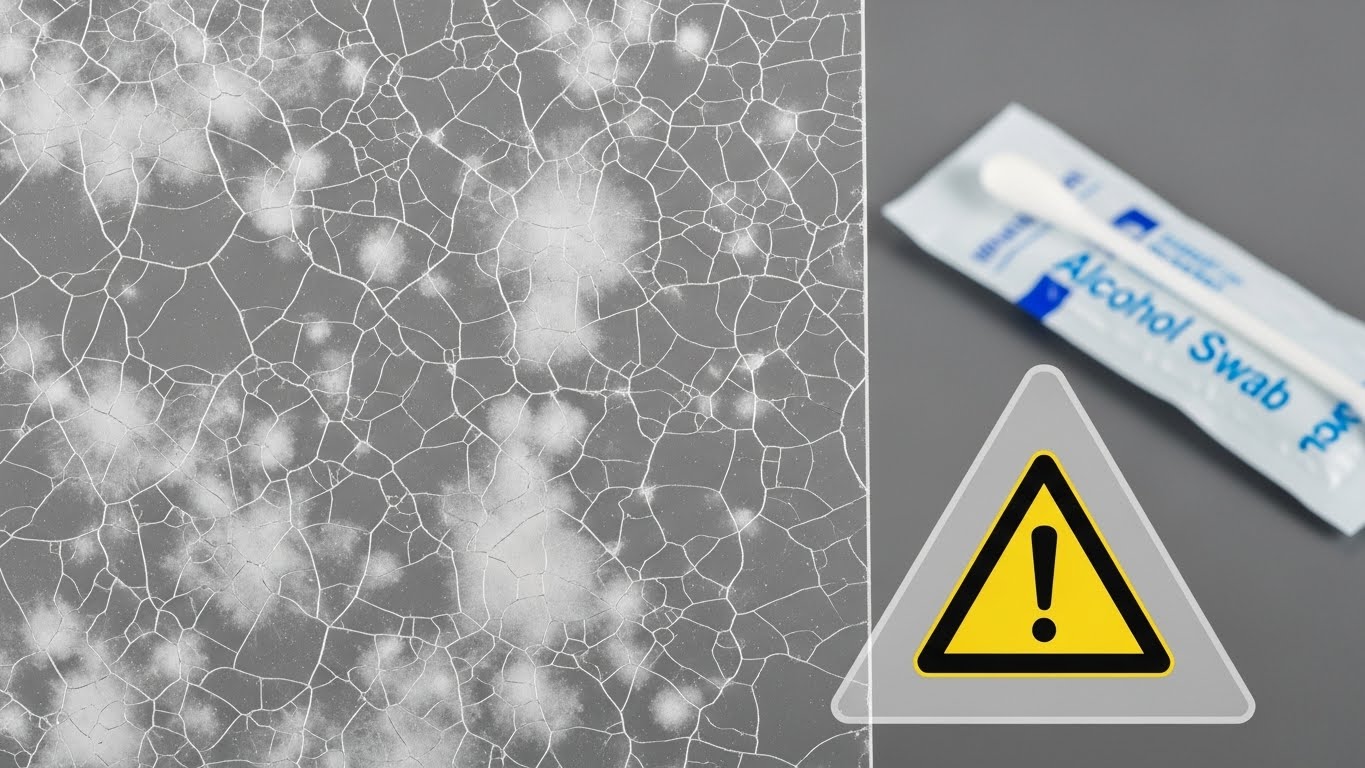 알코올로 닦아 백화현상과 크랙이 생긴 손상된 아크릴 장식장