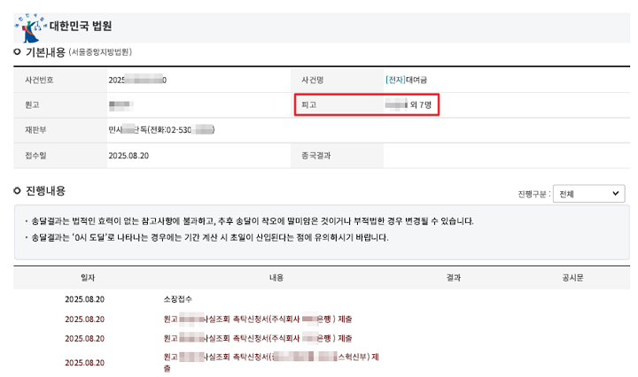 이 사건의 진행 사항 (법원 사이트 캡쳐)