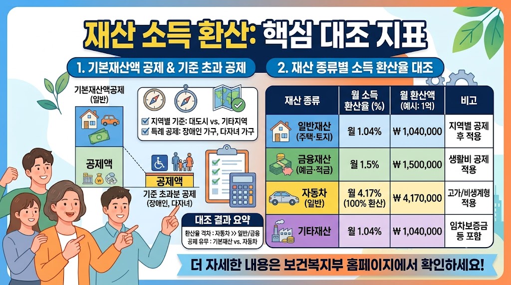 재산의 소득 환산율과 공제 기준을 정리한 데이터 차트 화면