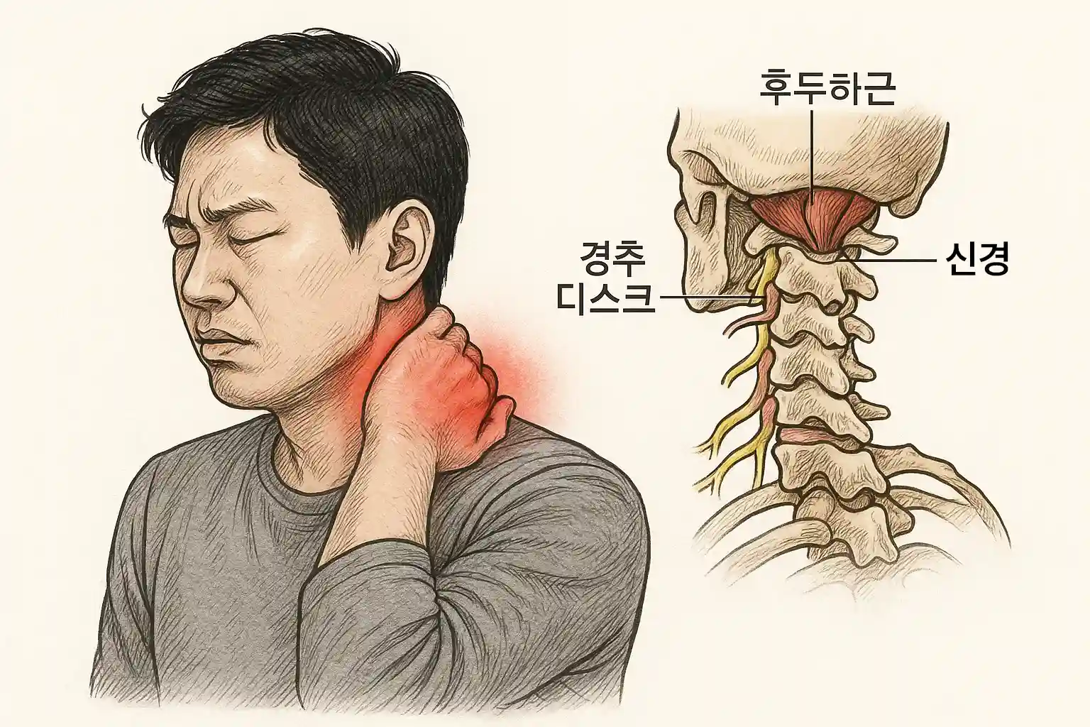 목과 어깨에 통증을 느끼는 한국인 남성
