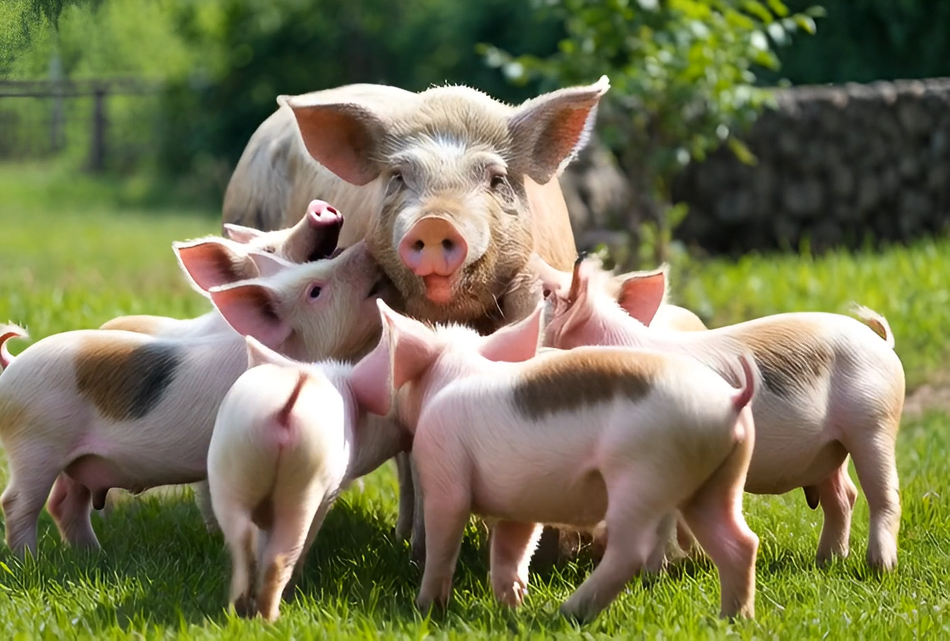 어미 돼지와 새끼 돼지들의 모습 ai 이미지