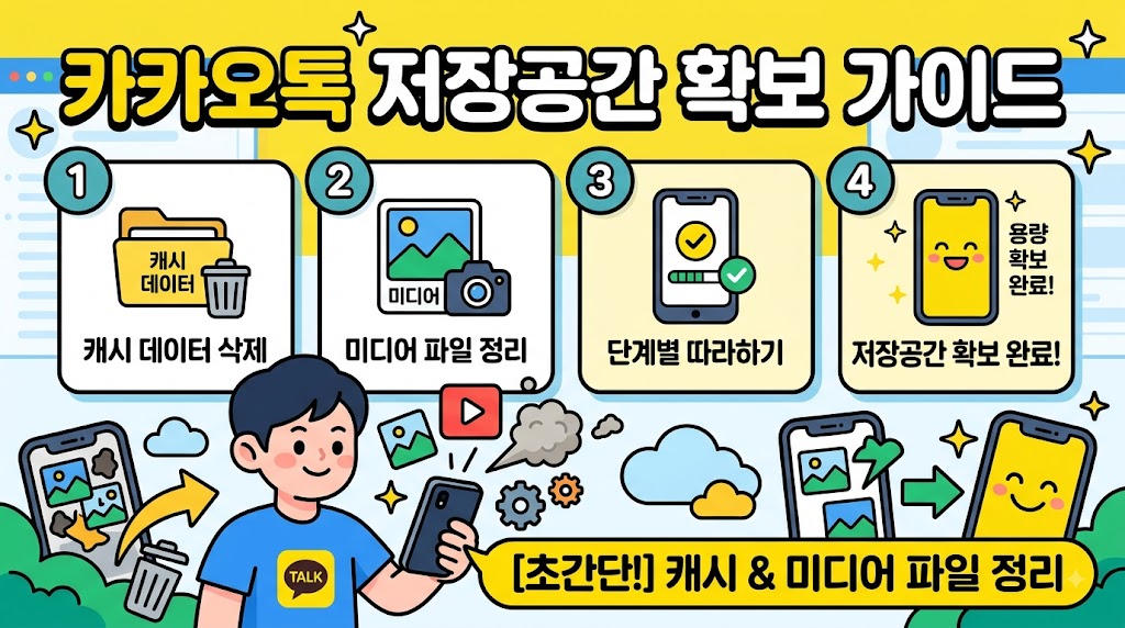스마트폰 화면에서 카카오톡 앱 설정 및 저장공간 캐시 데이터를 삭제하여 용량을 확보하는 화면