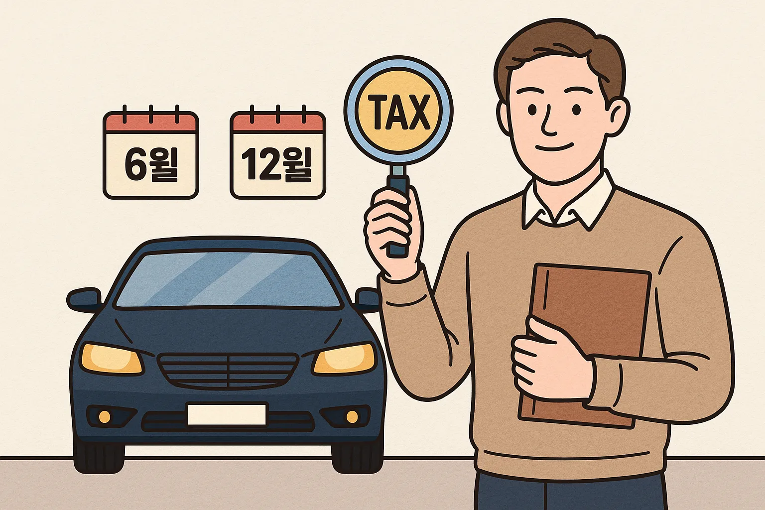 법인 차량 자동차세 신고를 설명하는 남성과 6월, 12월 달력, 자동차가 함께 그려진 일러스트