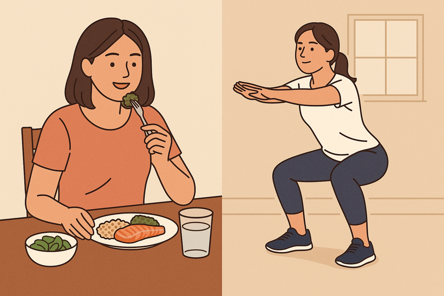 “한 장면에는 여성이 식탁에서 연어, 브로콜리, 현미밥으로 구성된 건강식을 즐기고 있고, 다른 장면에는 같은 여성이 실내에서 스쿼트를 하며 운동하는 모습이 함께 담겨 있다. 당뇨인을 위한 건강한 식단과 실내 운동을 동시에 표현한 장면.”