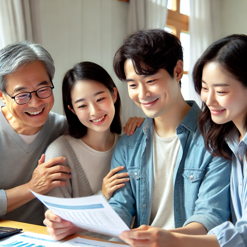  한국 가족이 집에서 서류를 함께 검토하며 재정 안정성을 논의하는 모습.