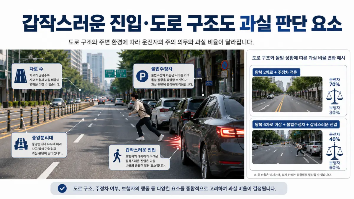 불법주정차 차량 사이 돌발진입과 다차로 도로 구조에 따른 무단횡단 과실 판단 인포그래픽