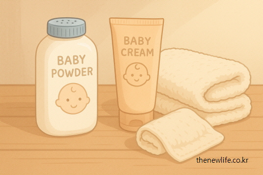 A soft-toned illustration of baby powder, baby cream, and towels – gentle skincare items for babies.-베이비 파우더와 크림, 수건이 함께 놓인 부드러운 색감의 일러스트 – 아기 피부 관리를 위한 용품들