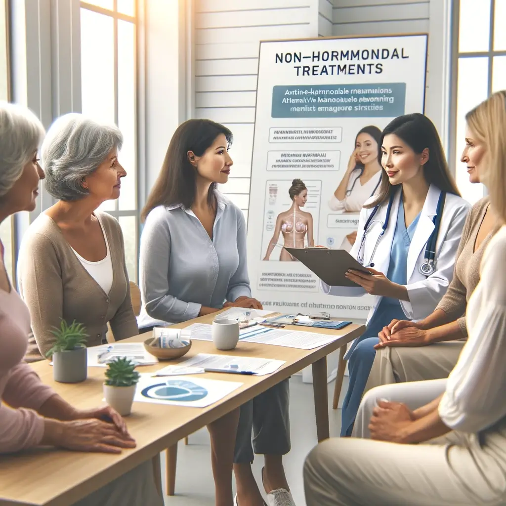 중년 여성들이 모여 비호르몬적 갱년기 치료에 대해 논의