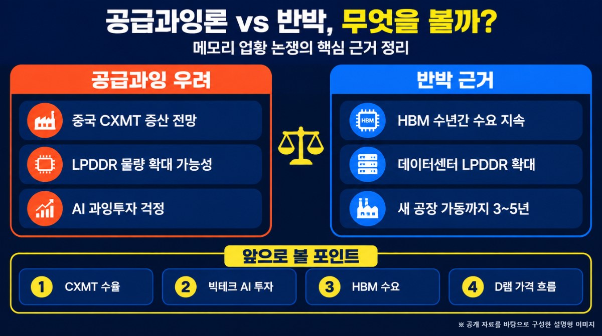 메모리 공급과잉론과 반박 근거 비교 인포그래픽(AI 생성 이미지)