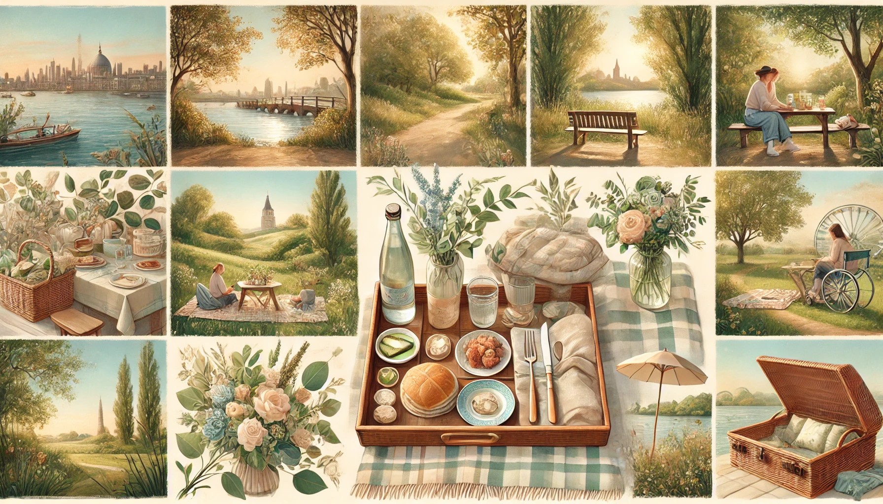 A digital painting of a beautifully curated guide to the best picnic spots near the city, featuring multiple scenic locations such as a riverside park, lake edge, hilltop view, and quiet garden corner.