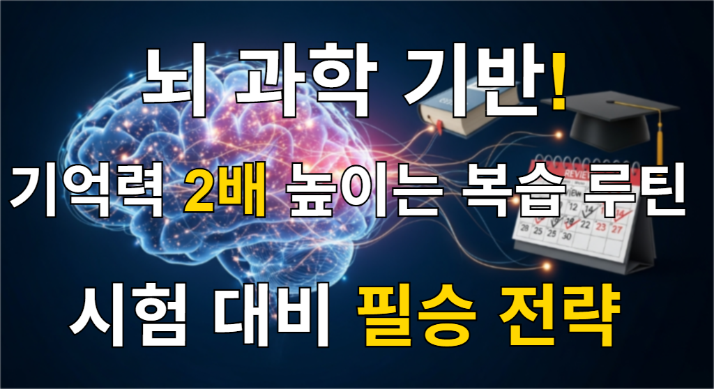 뇌 과학 기반 학습법을 상징하는 이미지. 빛나는 신경망으로 연결된 뇌와 책, 복습 날짜가 표시된 달력이 보이며 효과적인 기억력 향상 루틴을 시각적으로 나타냅니다.