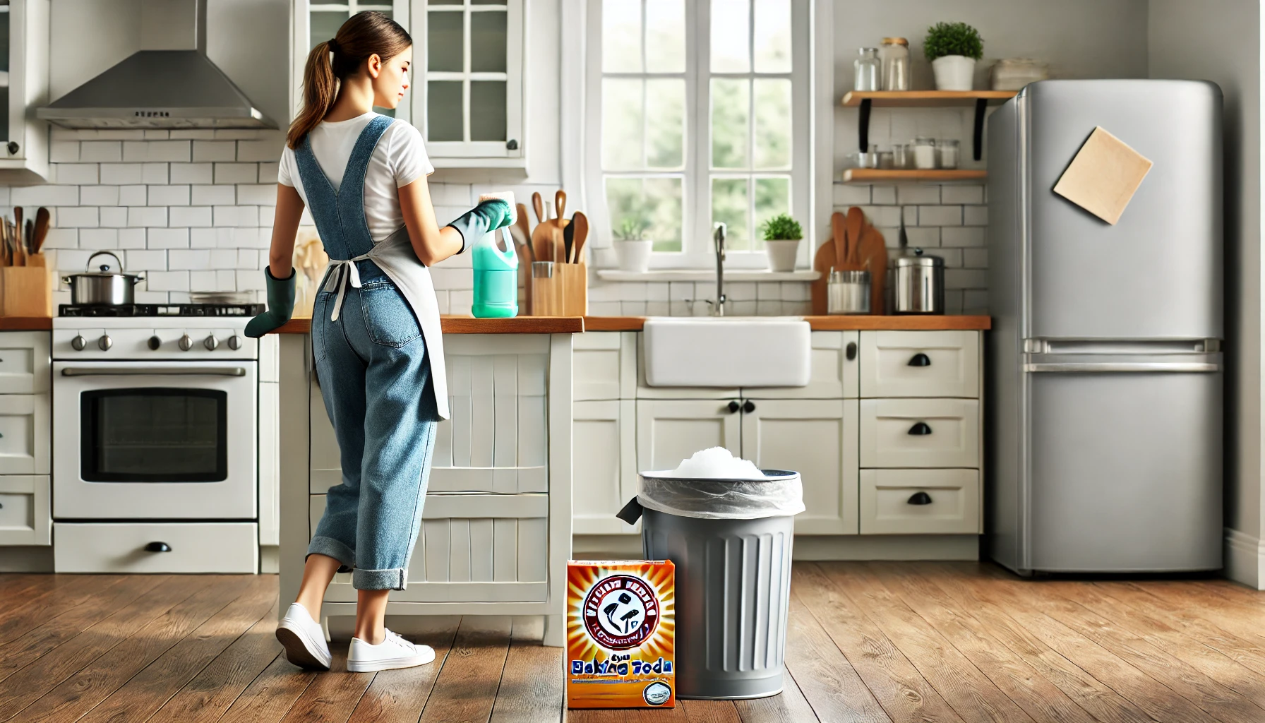 베이킹소다 활용 - 깨끗하고 정리된 주방에서 여성이 쓰레기통에 베이킹소다를 뿌리는 장면