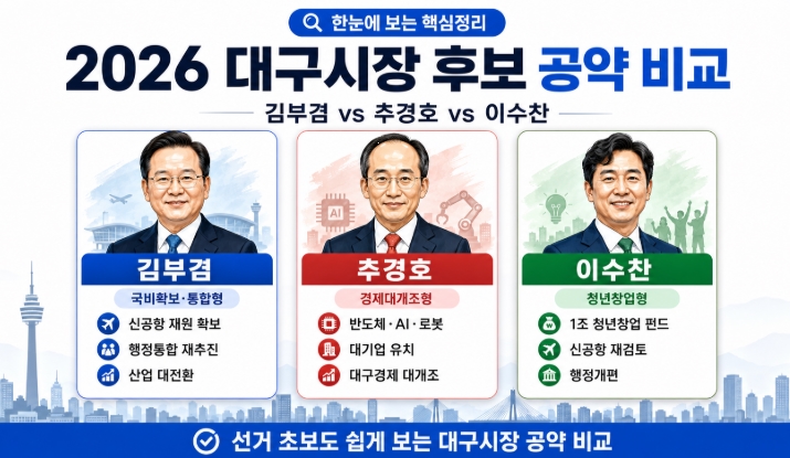 2026 대구시장 후보 공약 비교 김부겸 추경호 이수찬 핵심정리