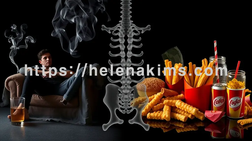 한쪽에는 담배 연기, 술잔, 그리고 소파에 앉아 있는 나태한 모습의 사람, 반대쪽에는 튀김, 탄산음료 등 뼈 건강에 좋지 않은 '패스트푸드' 종류의 모습.