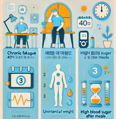 40대 이상에서 나타나는 피로감, 원치 않는 체중 감소, 식후 혈당 수치 상승 증상을 설명한 시각 자료