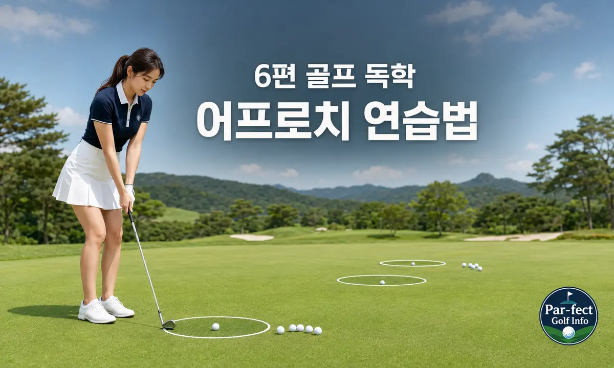 여성 골퍼가 연습 그린에서 거리별 목표 지점을 향해 어프로치 거리감 드릴을 연습하는 모습