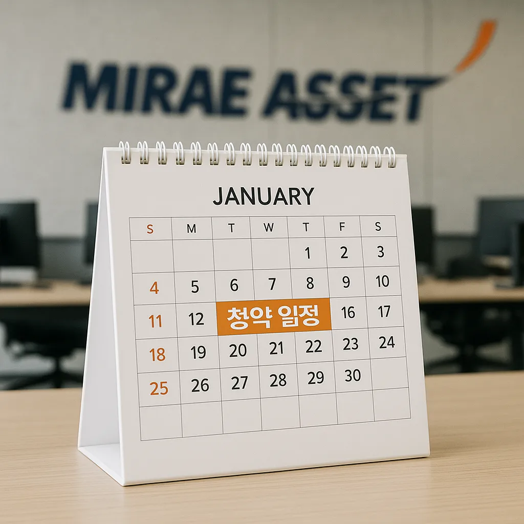 미래에셋 사무실 배경과 청약 일정이 표시된 달력
