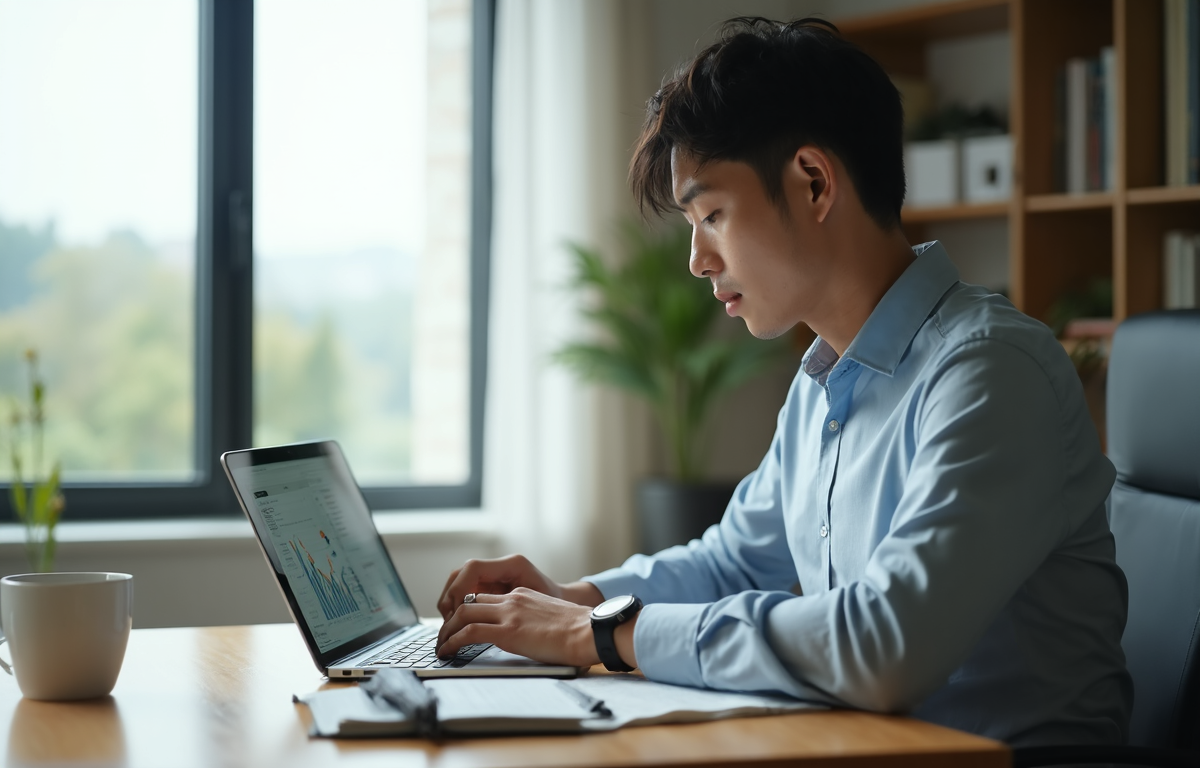 Pc앞에서 일하는 남자 사진