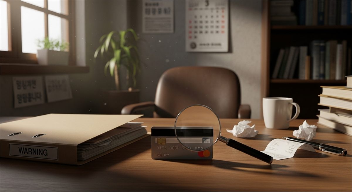 카드와 경고 문서를 함께 담은 상징 장면