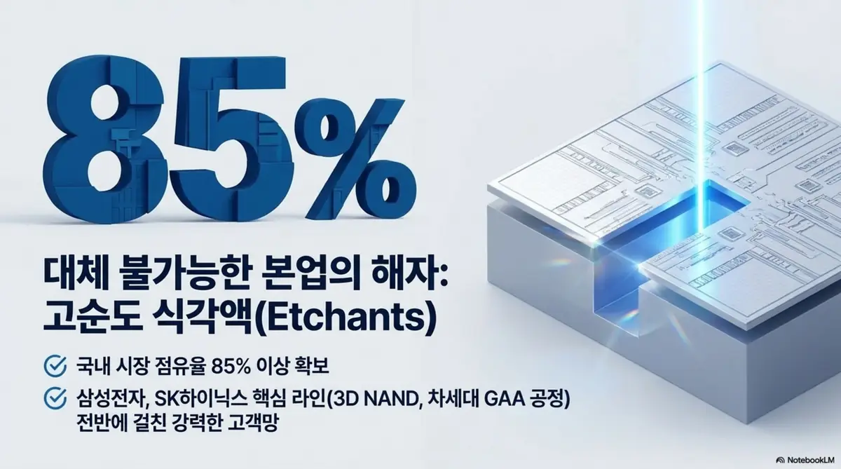 솔브레인 주가 전망: 거대한 &amp;#39;85%&amp;#39; 숫자와 반도체 회로 식각 장면을 담은 이미지. 솔브레인의 고순도 식각액 국내 점유율 85% 이상과 삼성전자&middot;SK하이닉스 핵심 라인 고객망이라는 대체 불가능한 본업 해자를 시각적으로 전달하며&amp;#44; 블로그의 솔브레인 식각액 사업 분석과 관련된 내용을 설명함