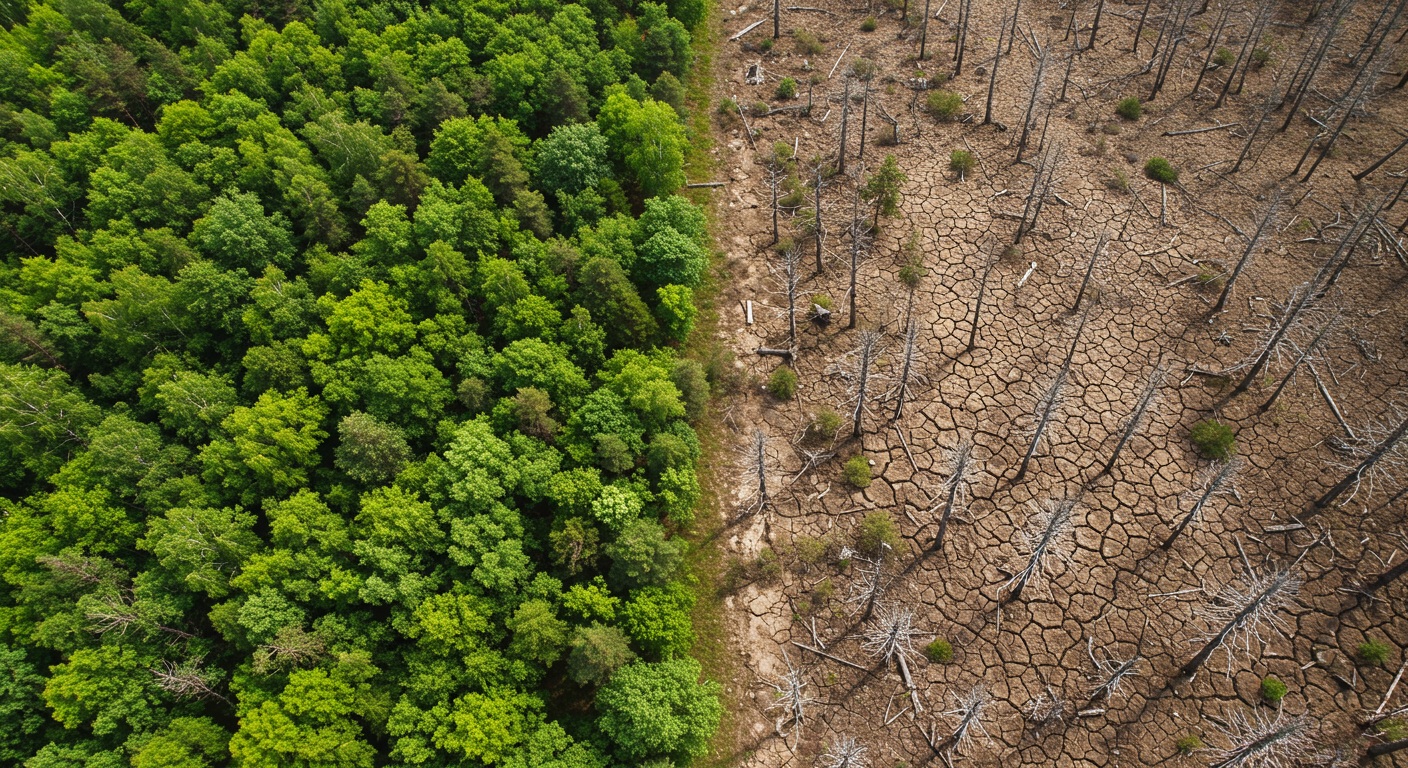 건조해진 숲과 산불 위험 증가를 보여주는 개념도