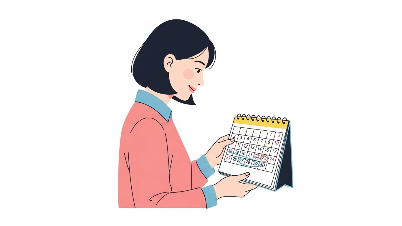 달력을 보며 근무 일정을 확인하는 여성의 모습, 단기 알바라도 일정 관리를 철저히 해야 합니다.