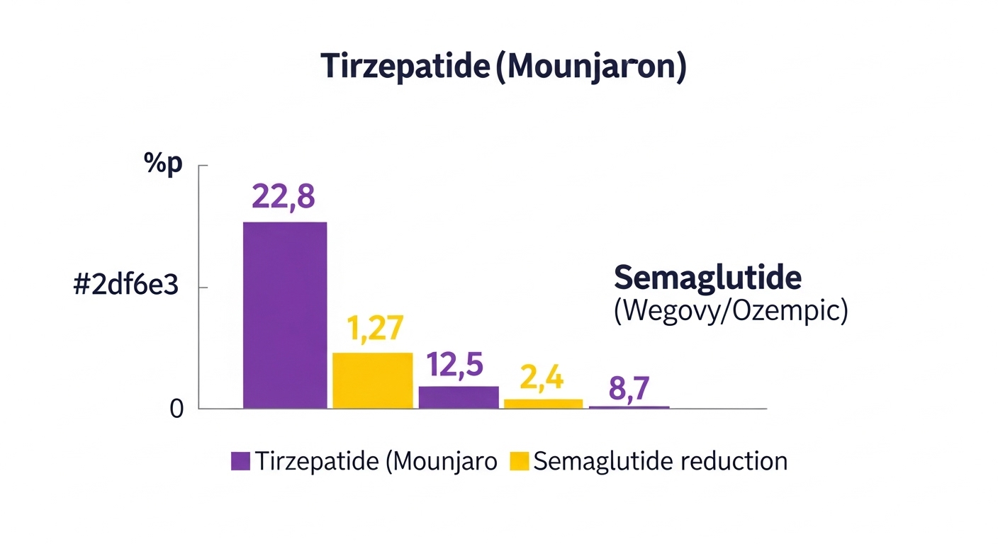마운자로와 위고비의 평균 혈당(HbA1c) 감소율을 비교하는 막대 그래프 인포그래픽. 마운자로의 더 우월한 혈당 조절 효과를 보여줌.