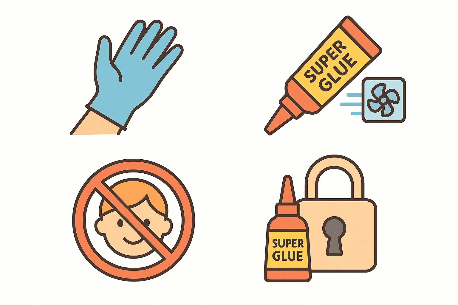 순간접착제를 사용할 때 장갑 착용, 환기, 어린이 손에 닿지 않게 보관하는 장면