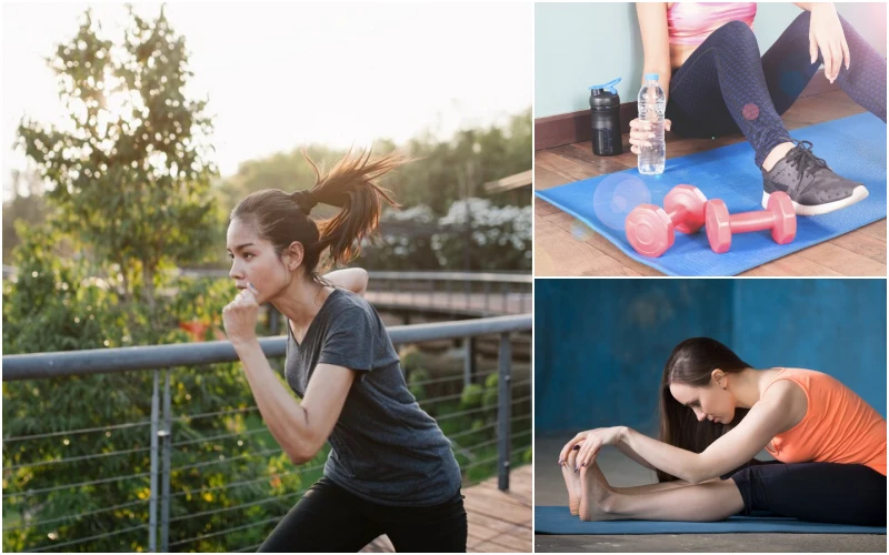 러닝하는 여성과 근력운동하는 여성, 스트레칭하는 여성