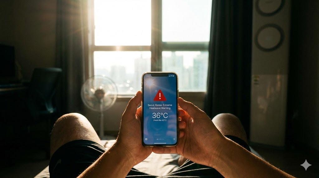 스마트폰으로 폭염 경보를 확인하며 더위에 지친 상황을 표현하는 이미지