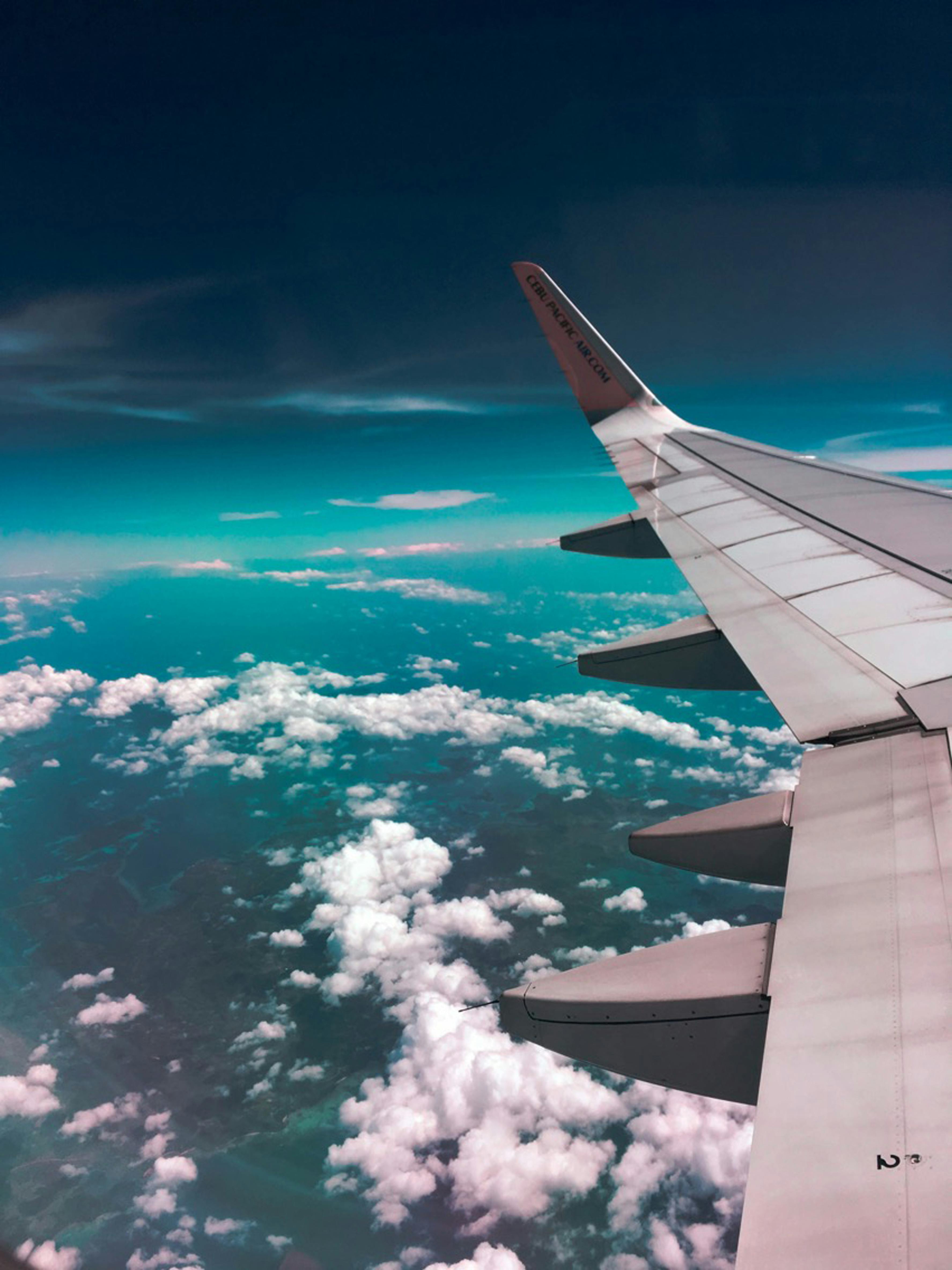 Airplane wing view from window seat during flight above clouds, travel inspiration, budget flight tips, Google Flights guide