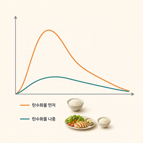 탄수화물을 먼저 먹은 경우와 나중에 먹은 경우의 식후 혈당 곡선 비교