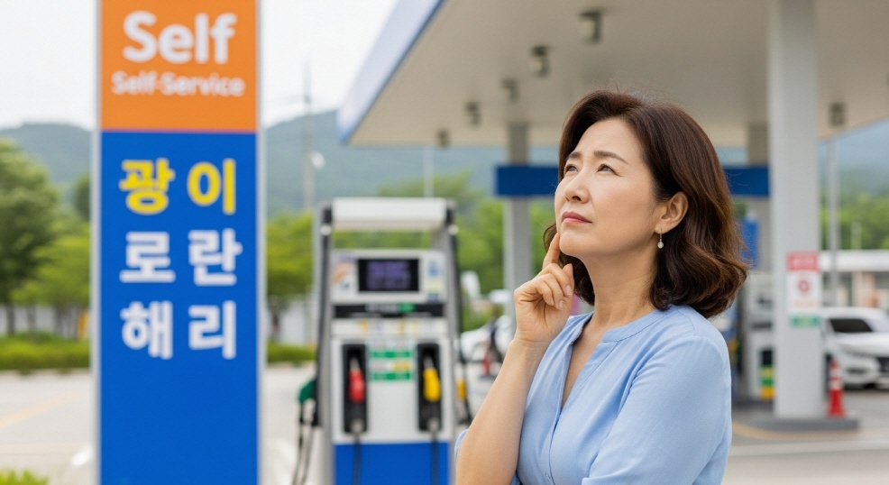 셀프 주유소 간판을 바라보며 고민하는 중년 여성 