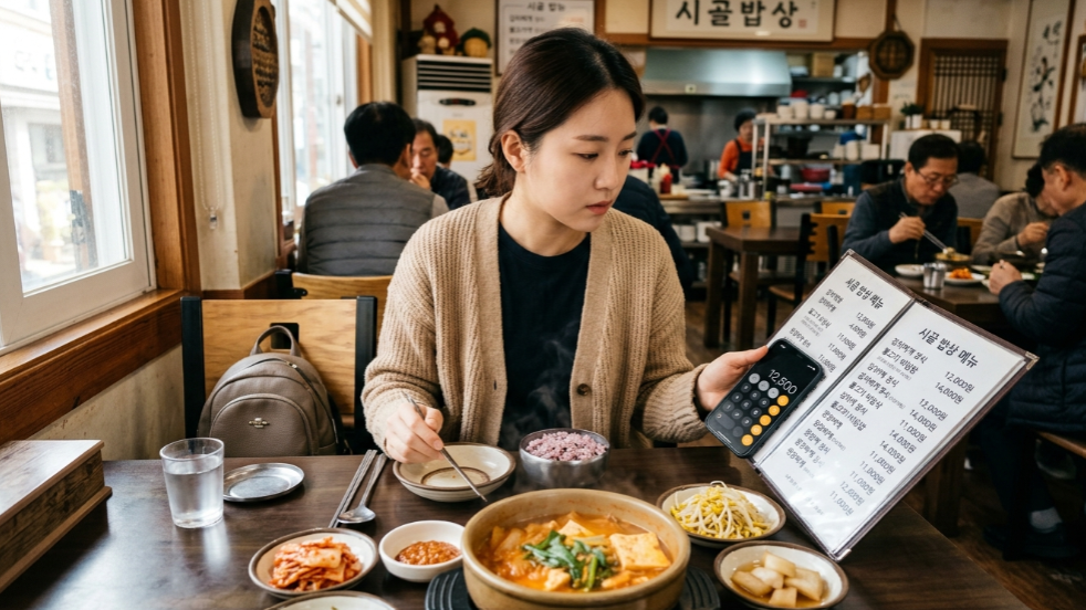 외식 메뉴 가격을 확인하며 고민하는 직장인