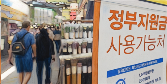 시장 골목에 설치된 정부지원금 사용가능처 안내 표지판(일러스트)