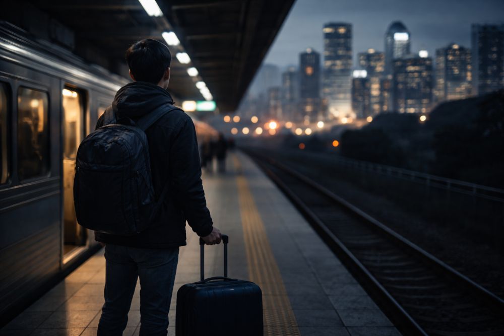 캐리어를 든 청년이 기차역 플랫폼에서 도시 방향을 바라보는 뒷모습