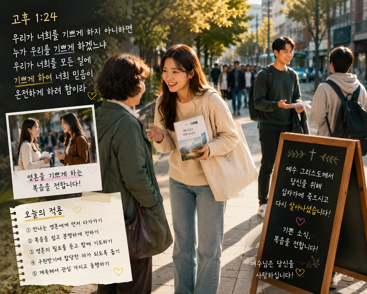 고후 1:24 말씀에서 영혼을 기쁘게 하여 구원받기에 합당한 자가 되도록 돕는 자가 되어야 함을 생각했고&amp;#44; 오늘도 이동하며 만나는 영혼들에게 복음을 전하며 기쁜 소식을 전하는 시도를 하는 모습입니다.