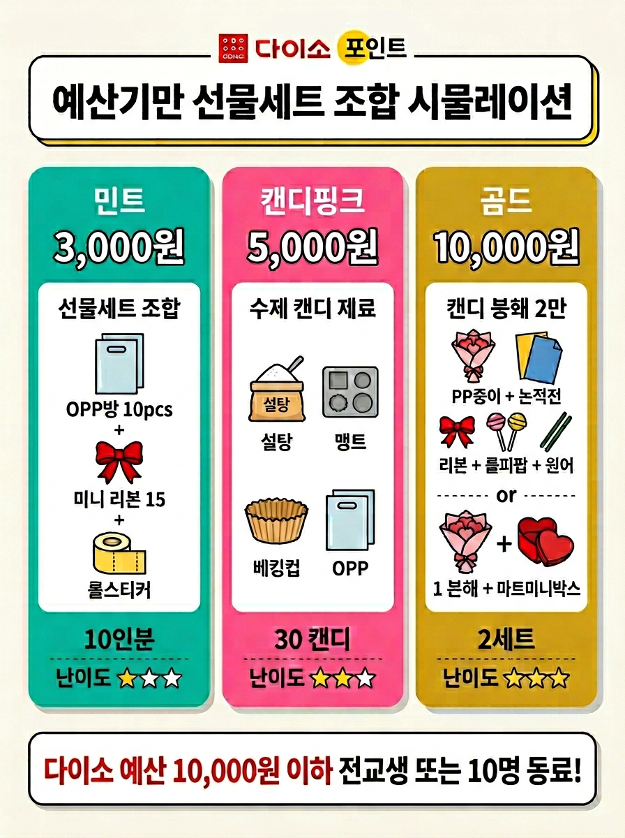 다이소 화이트데이 예산별 선물 세트 시뮬레이션: 3,000원(10인분 소분 포장), 5,000원(수제 사탕 30개), 10,000원(사탕 꽃다발 2세트) 구성·품목·난이도 비교 인포그래픽