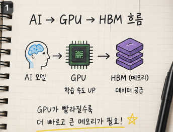 AI 학습 과정에서 GPU와 HBM이 연결되는 흐름을 정리한 이미지