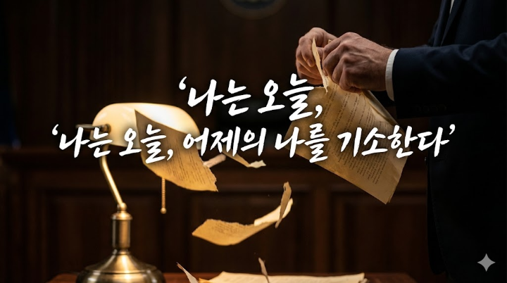 어두운 집무실, 스탠드 불빛 아래서 과거의 판결문들을 찢어버리는 이한영의 손 클로즈업. 흩날리는 종이 조각 위로 '나는 오늘, 어제의 나를 기소한다'라는 문구가 강렬하게 박힌 컷.
