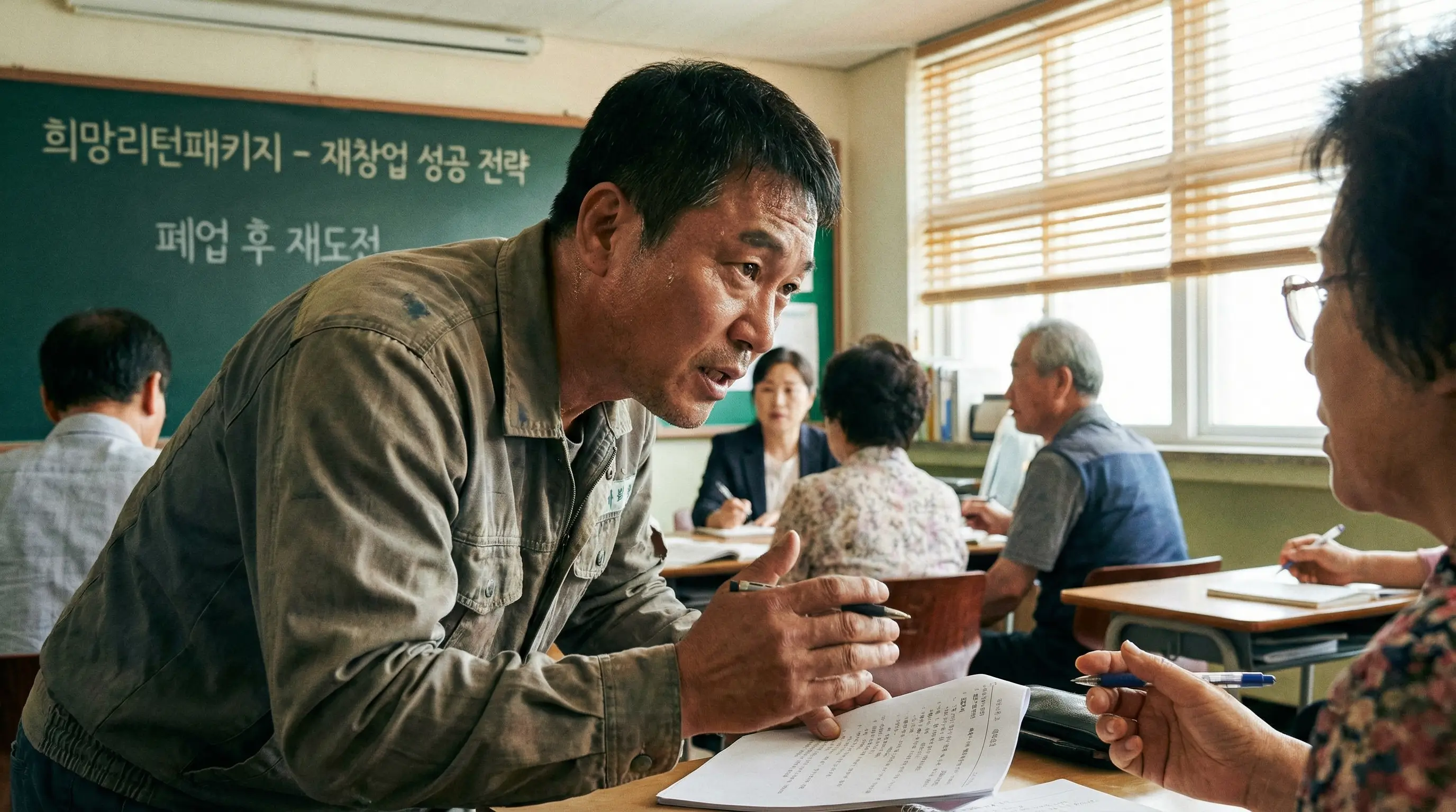 폐업 후 재기를 다짐하며 희망리턴패키지 교육을 받고 있는 중년 남성의 열정적인 모습