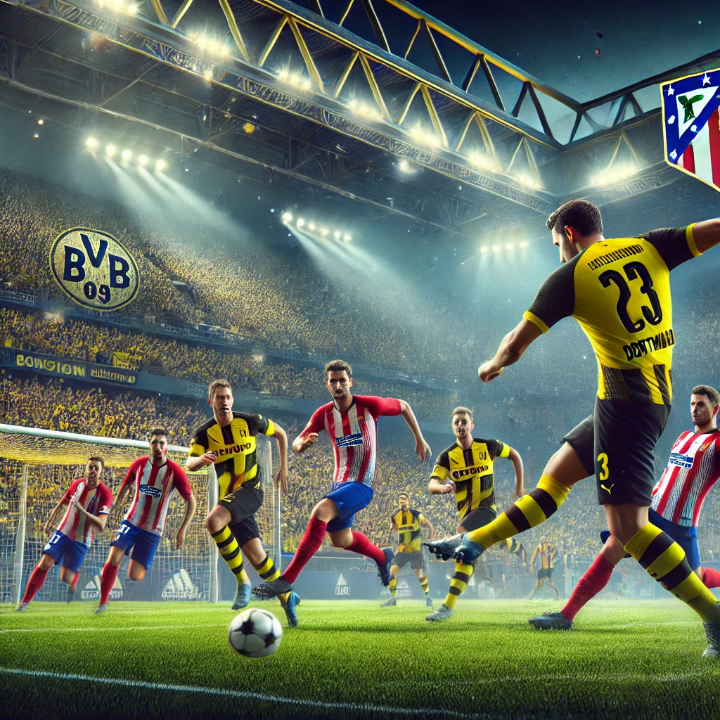 도르트문트 축구 선수들이 아틀레티코 마드리드 축구 선수들과 경기하는 장면